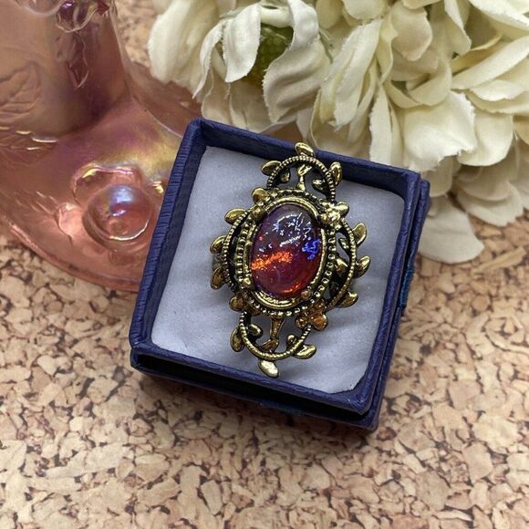 Valentine’s Day Renaissance Medieval gold Ring Mexican Fire Opal Dragons breath - Picture 4 of 16